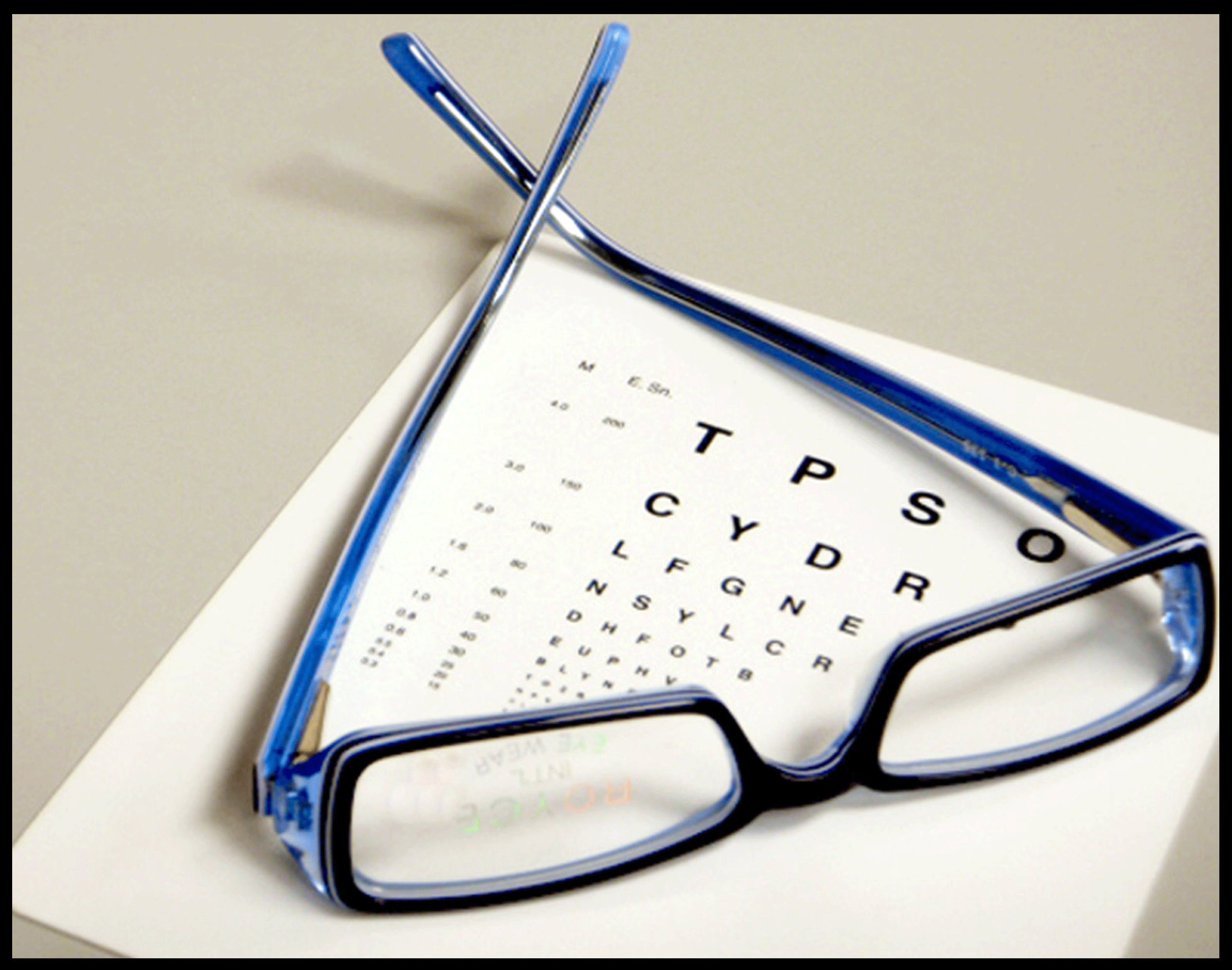 Image of eye glasses on Snellen eye chart.